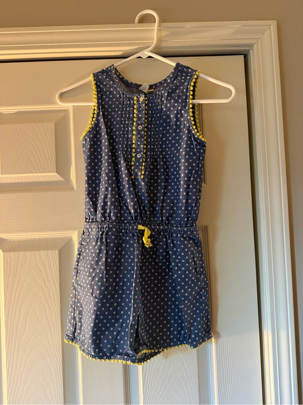 Girls'  Denim Polka Dot Romper with Yellow Trim